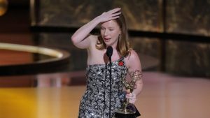 Hannah Einbinder accepts the award for Supporting Actress in a Comedy Series for "Hacks" at the 77th Primetime Emmy Awards in Los Angeles, California, U.S., September 14, 2025.(REUTERS)