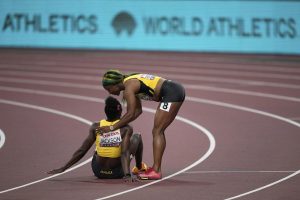 Jamaica’s Shelly-Ann Fraser-Pryce (R) greets her compatriot Shericka Jackson.