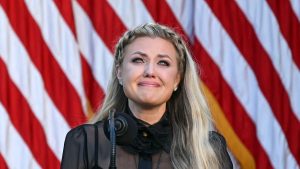 Erika Kirk becomes emotional while speaking at the Presidential Medal of Freedom ceremony
